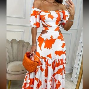 White and Orange Cut out Maxi Dress M